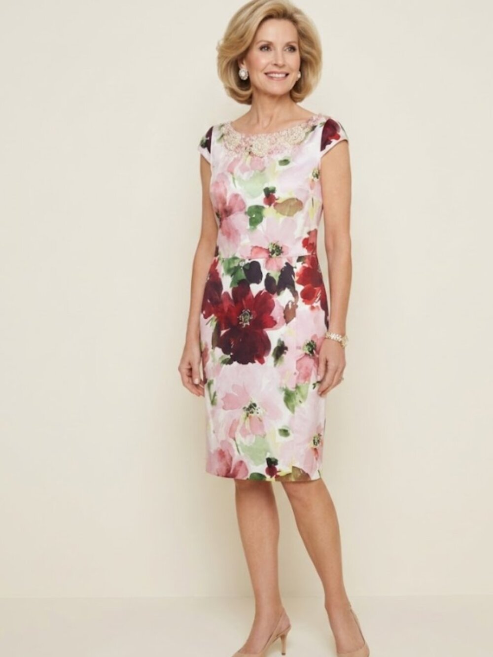ST.JOHN Silk Floral Sheath Dress Beaded Mother of the Bride Sz 6 Luxury Wedding